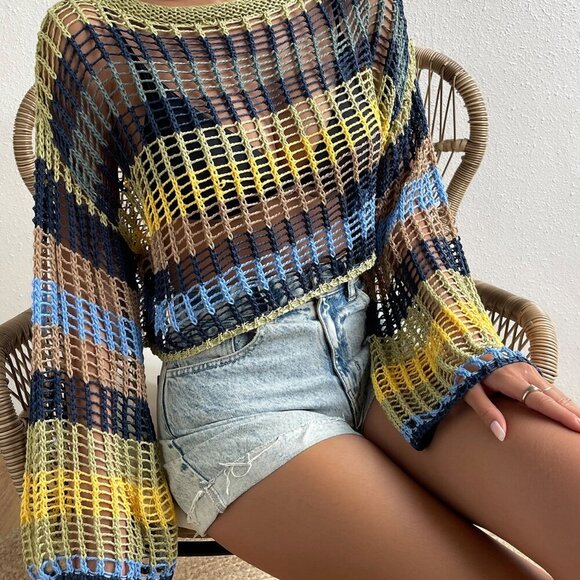 Multicolor Colorblock Women's Hollow Out top - Picture 4 of 6